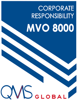 MVO 8000 Corporate Responsibility logo with blue background and white text.