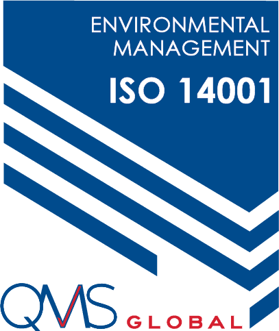 ISO 14001 Environmental Management certification cover page with blue background and geometric desig.