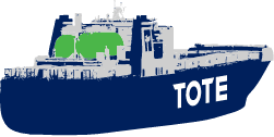 Cargo ship with a green and blue container crane, "TOTE" written on the ship's side.