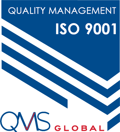 ISO 9001 Quality Management certification cover with blue background and geometric design.