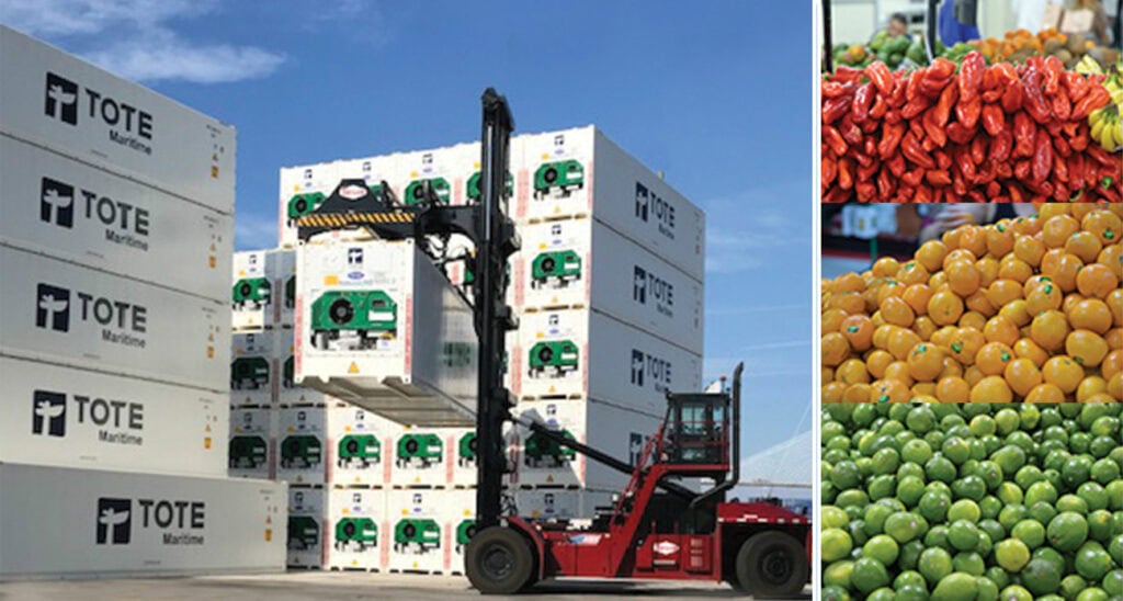Tote Marine boxes being moved with a forklift at a warehouse.