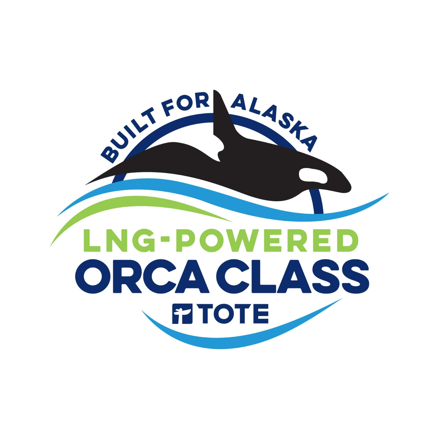 LNG-powered orca whale logo with text "Built for Alaska" and "ORCA CLASS TOTE" in blue and green.