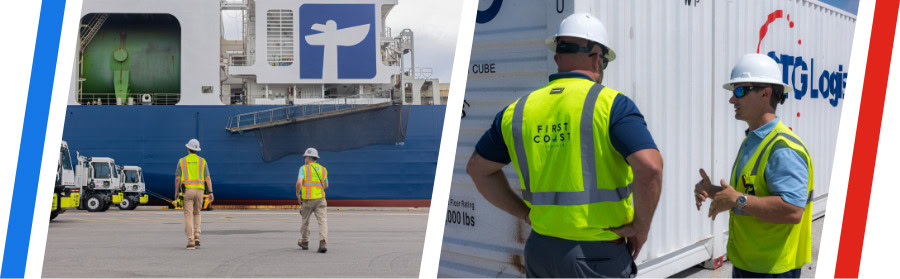 Cargo ship being loaded at a port with workers in safety vests and helmets.