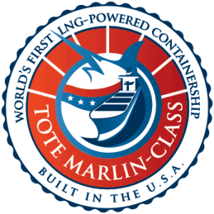First LNG-powered container ship logo with a blue whale and a lighthouse.