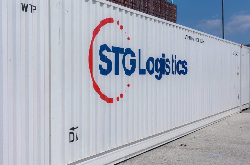 STG Logistics logo on a white shipping container.