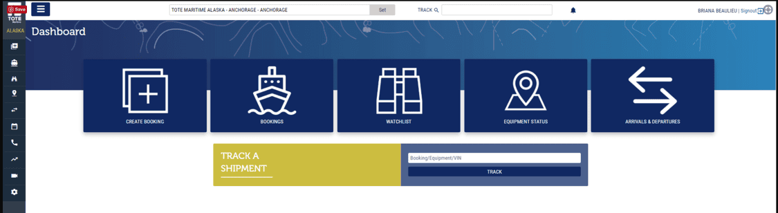 Dashboard interface with icons for creating records, browsing, and tracking shipments.