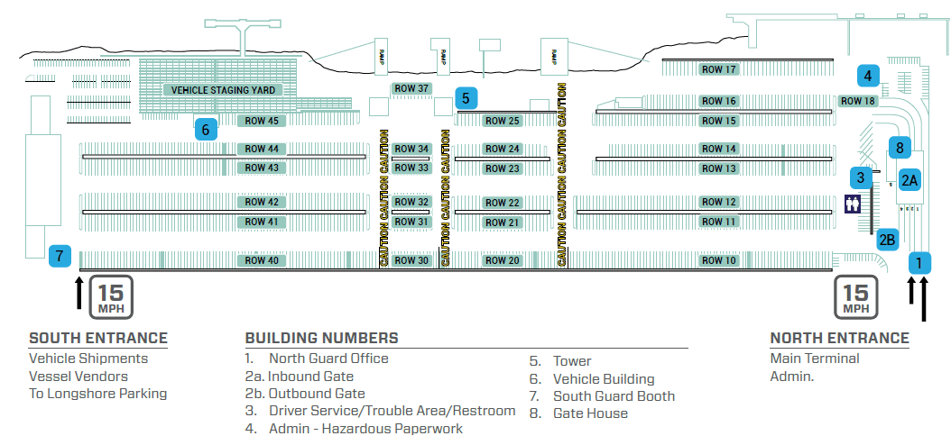 Vehicle staging yard layout with rows and building numbers.
